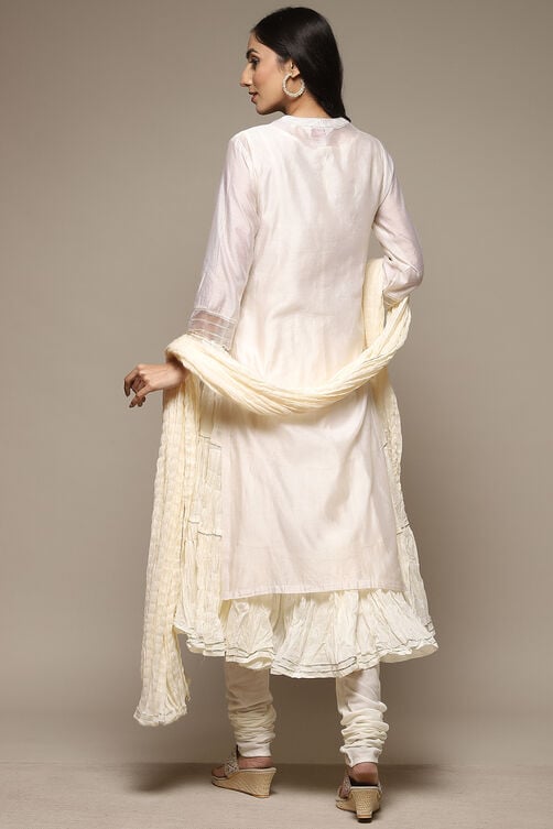 Off White Cotton Blend Layered Kurta Churidar Suit Set image number 5