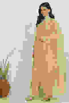 Mustard Net Hand Embroidered Unstitched Suit Set image number 4