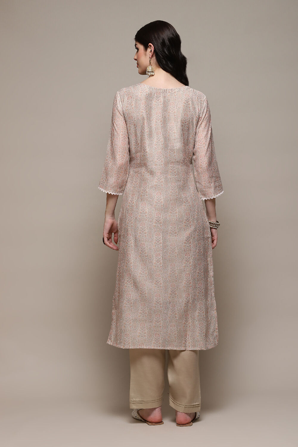 Beige Chanderi Blend Machine Embroidered Unstitched Suit Set image number 5