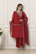 Red Poly Chanderi Yoke Embroidered Straight Suit Set image number 0