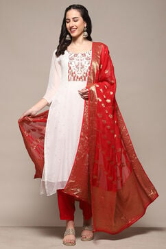 White Red Organza Unstitched Suit Set image number 1