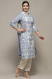 Off White Blue Cotton Straight Suit Set image number 6