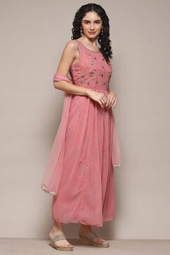 Blush Pink Polyester Flared Solid Dress image number 5