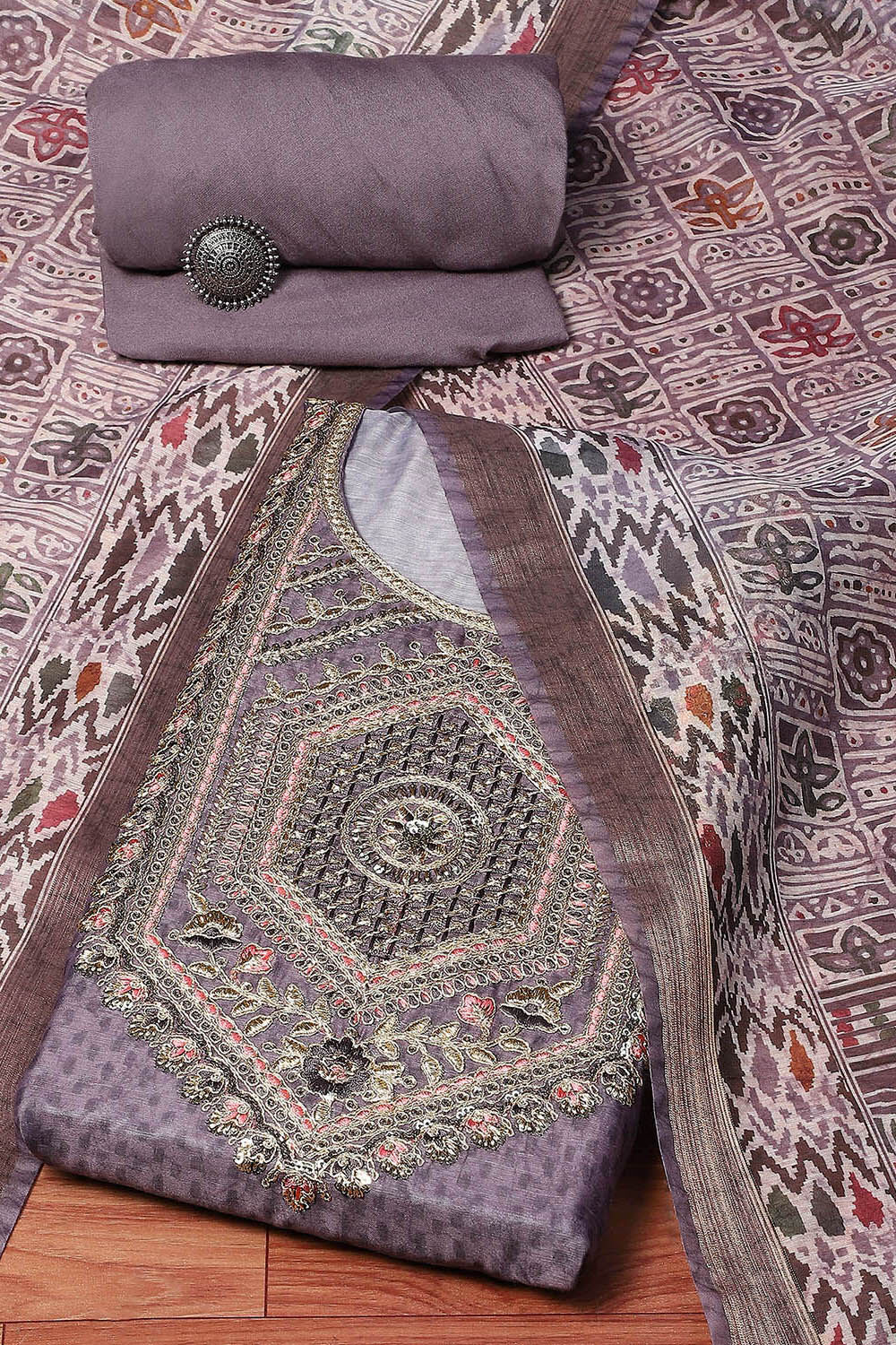 Earthy Green Chanderi Unstitched Suit Set image number 3