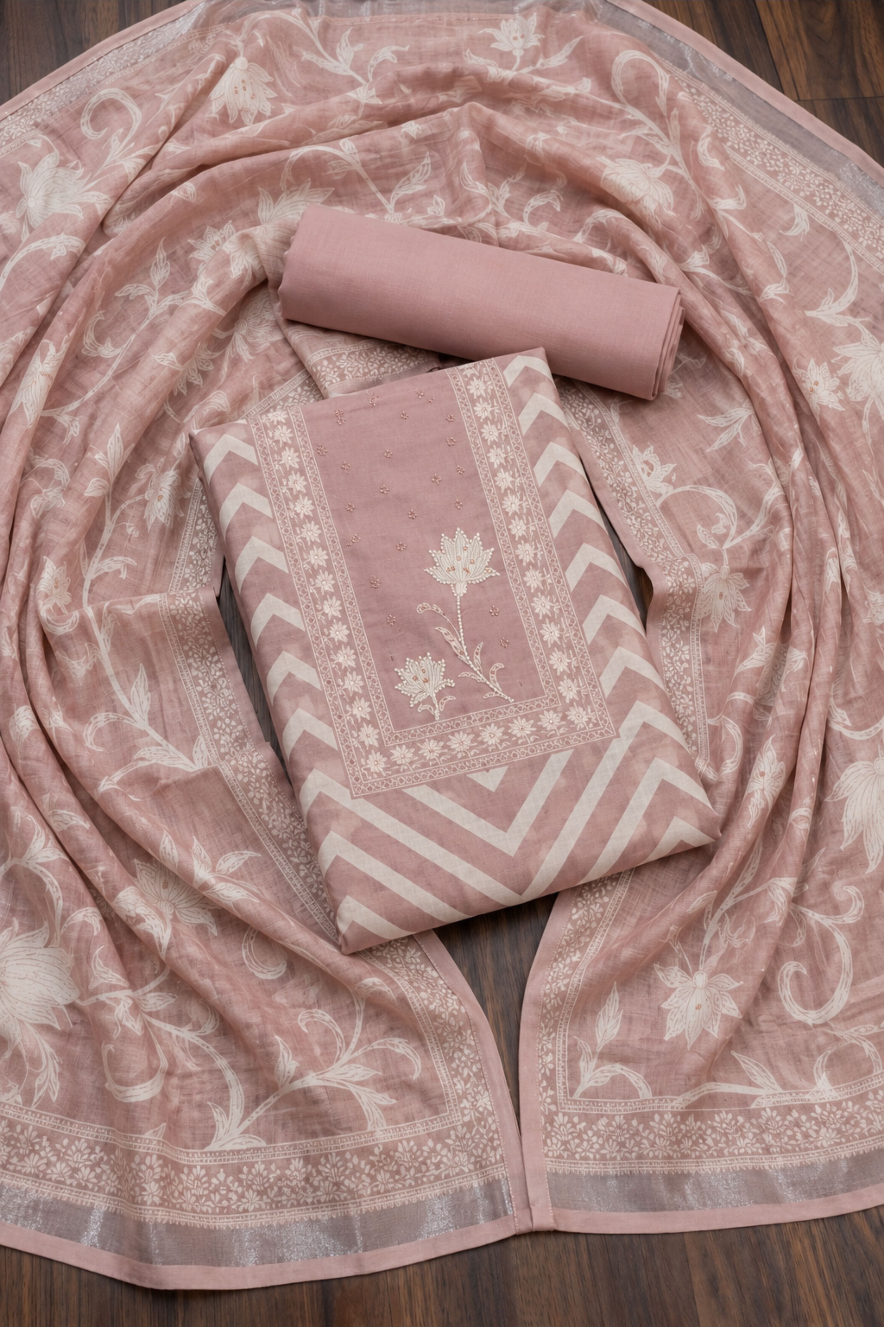 Peach Linen Modern Print Unstitched Suit Set image number 0