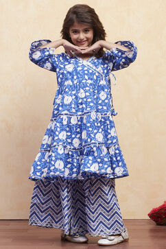 Navy Blue Cotton Angrakha Tiered Kurta Set image number 6