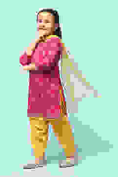 Fuchsia Cotton Straight Printed Kurta Patiala Salwar Suit Set image number 4