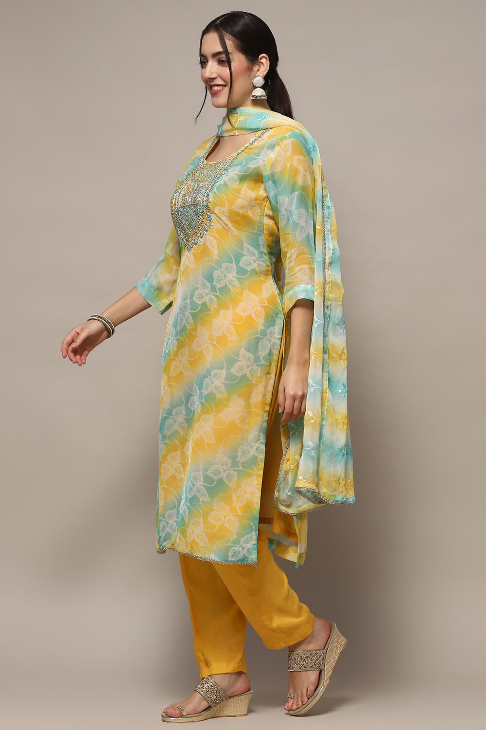 Blue Organza Unstitched Suit set image number 5