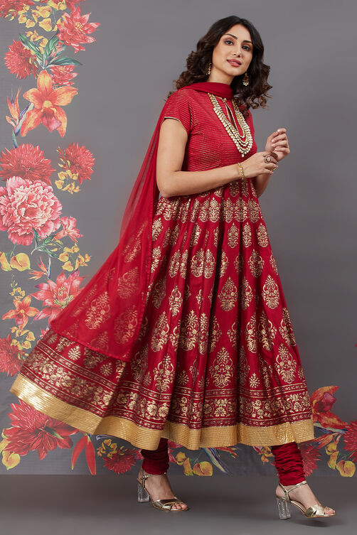 Rohit Bal Red Chanderi Silk Anarkali Solid Suit Set image number 5