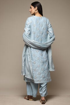 Powder Blue Cotton Blend Straight Kurta Palazzo Suit Set image number 4