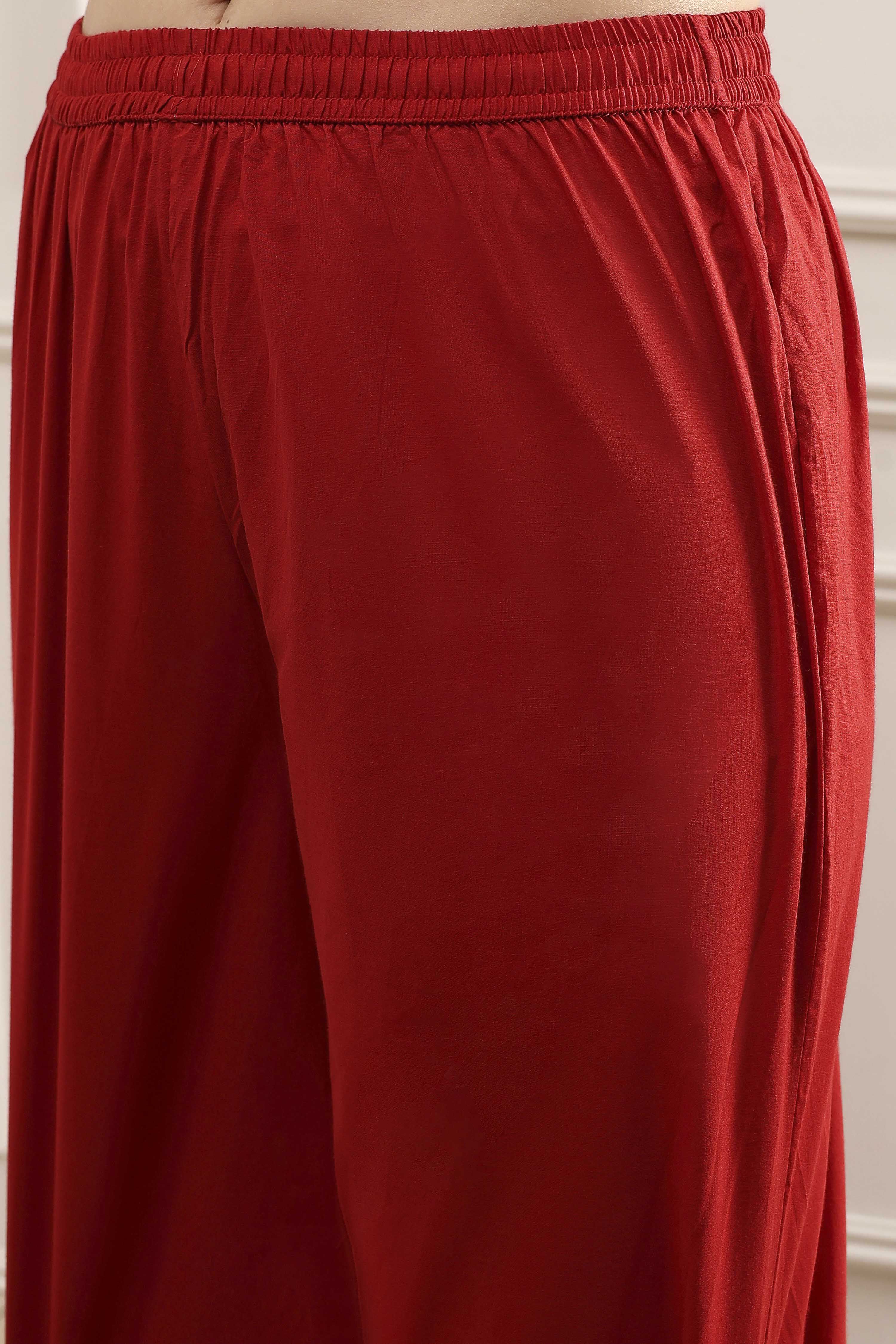 Red Embroidered Art Silk Straight Suit Set image number 2