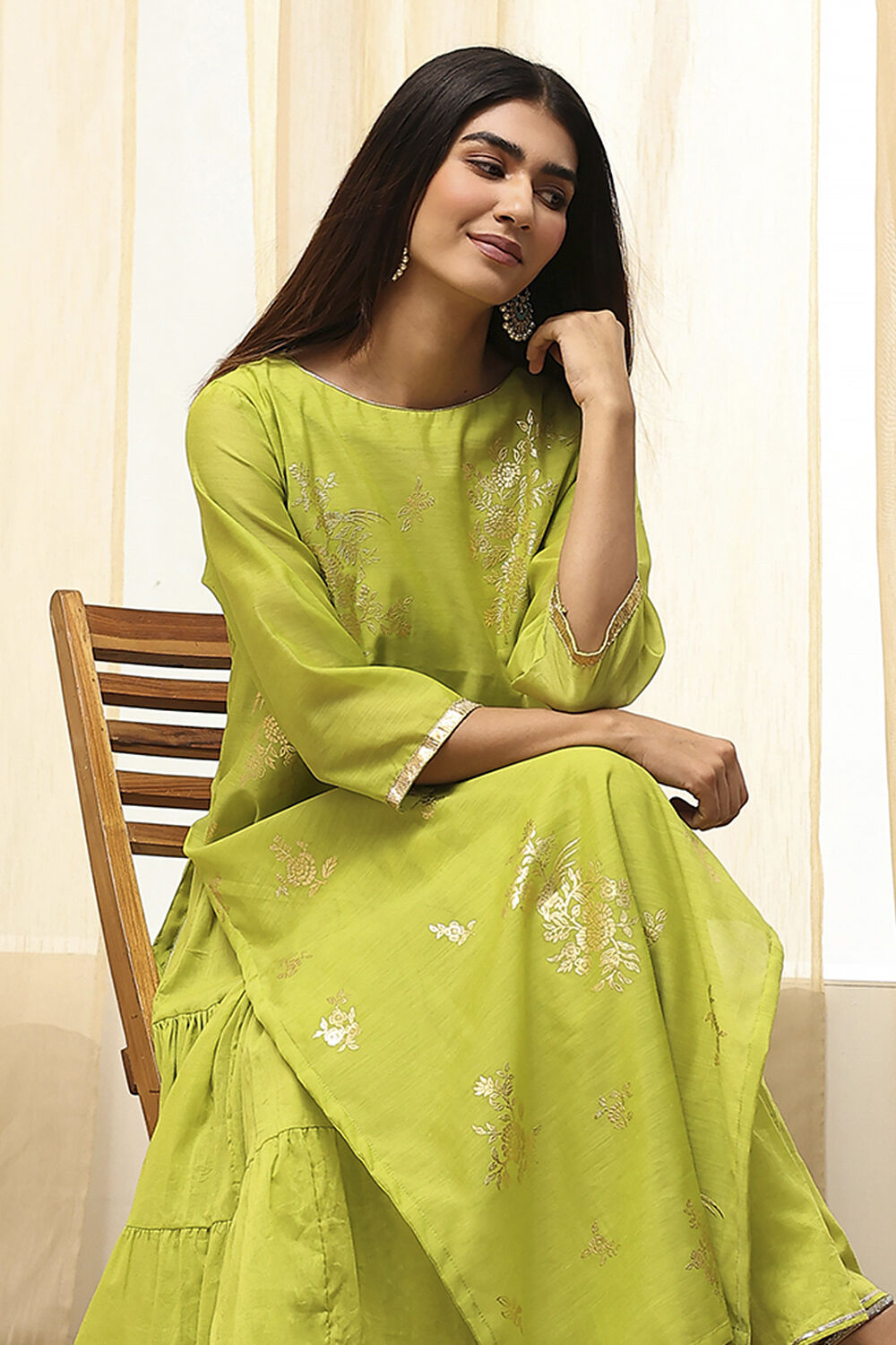 Green Poly Chanderi Layered Tiered Dress image number 0
