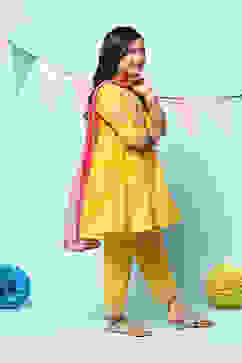 Yellow Polyester Flared Solid Kurta Palazzo Suit Set image number 6