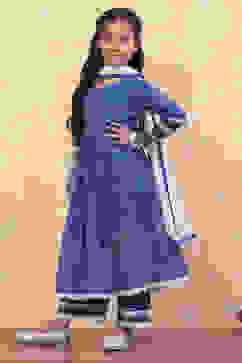 Blue Cotton Printed Flared Festive Tiered Suit Set image number 3