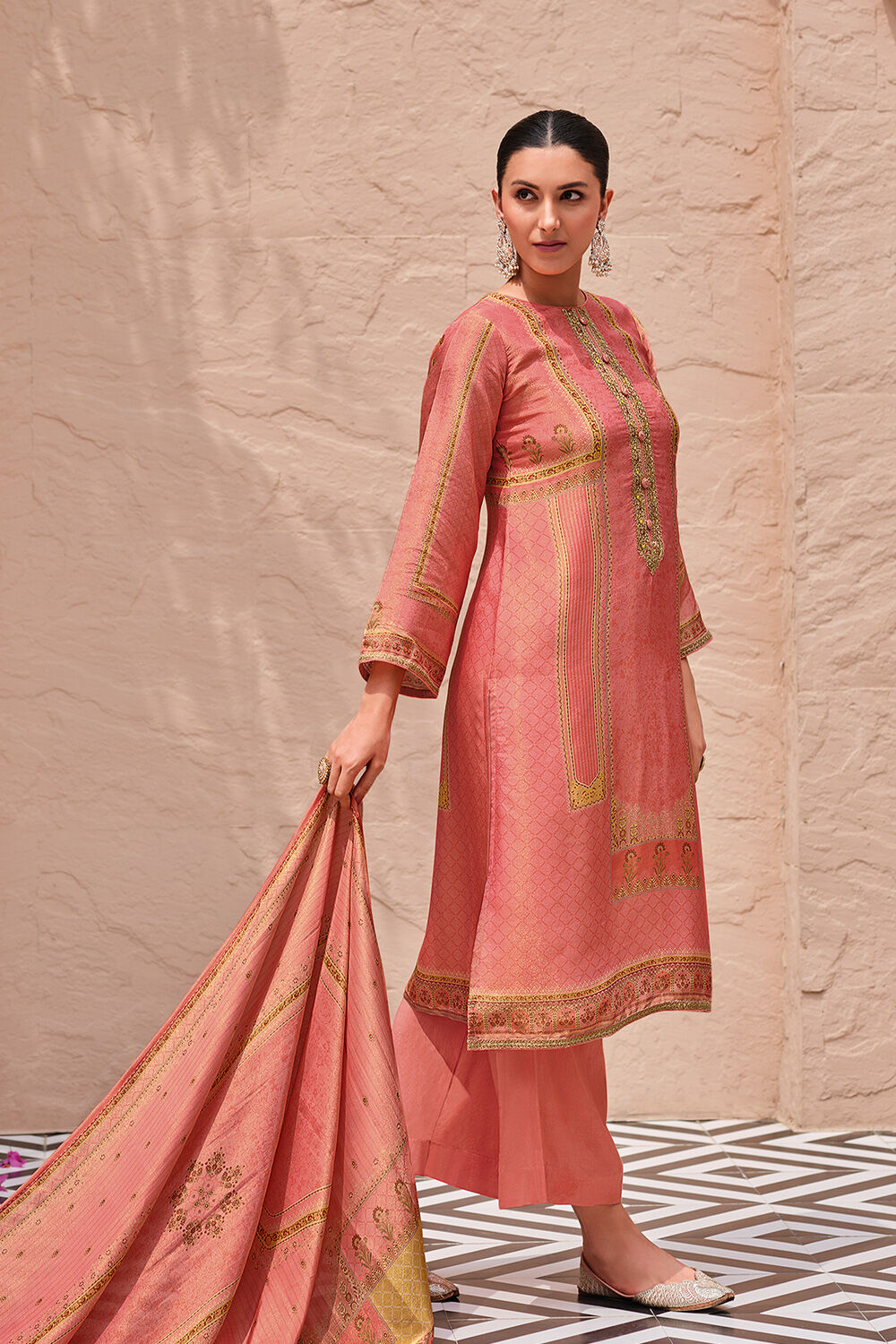 Mustard Yellow Viscose Silk Unstitched Suit Set image number 4