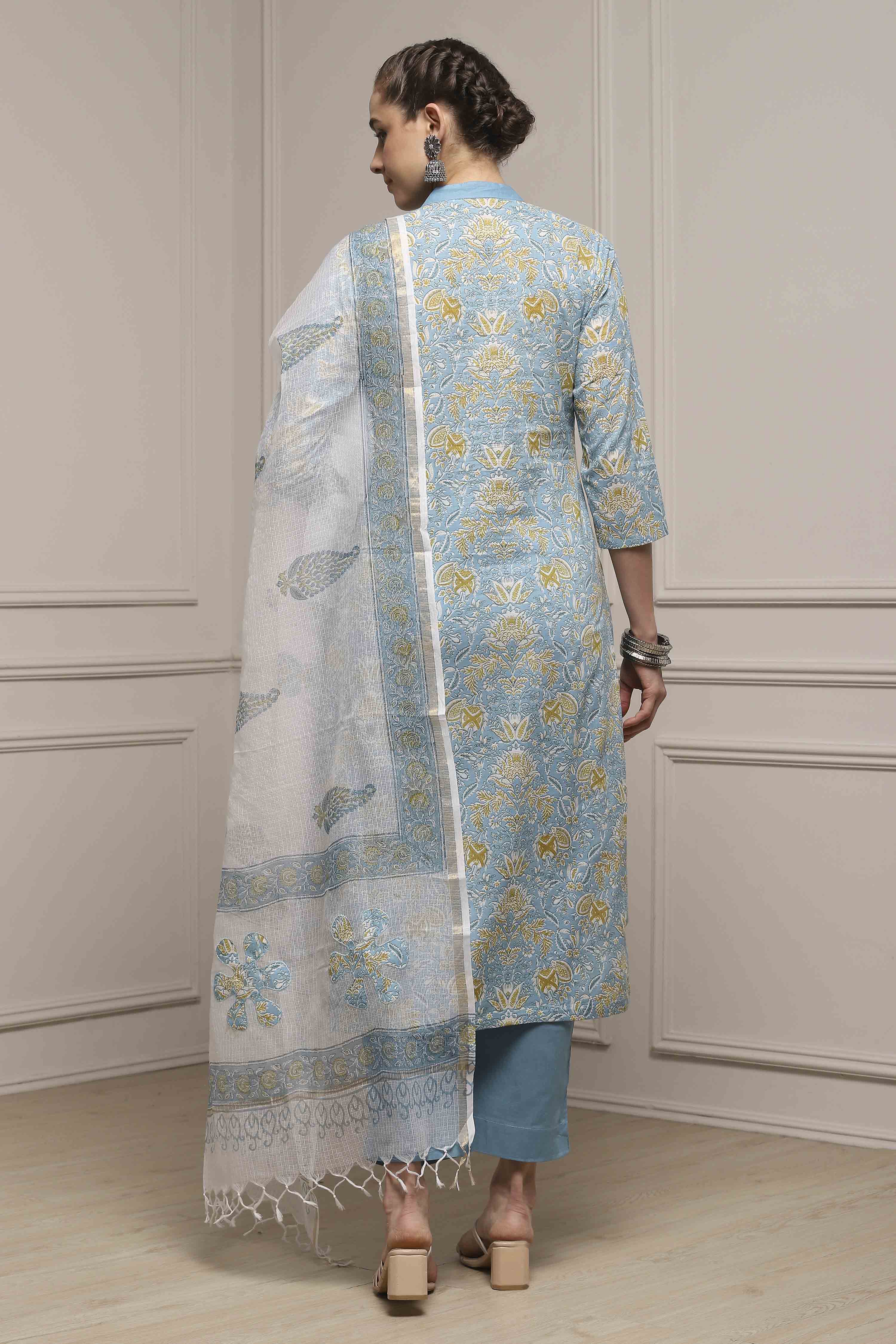 Pink Cotton Hand Block Print Unstitched Suit Set image number 5