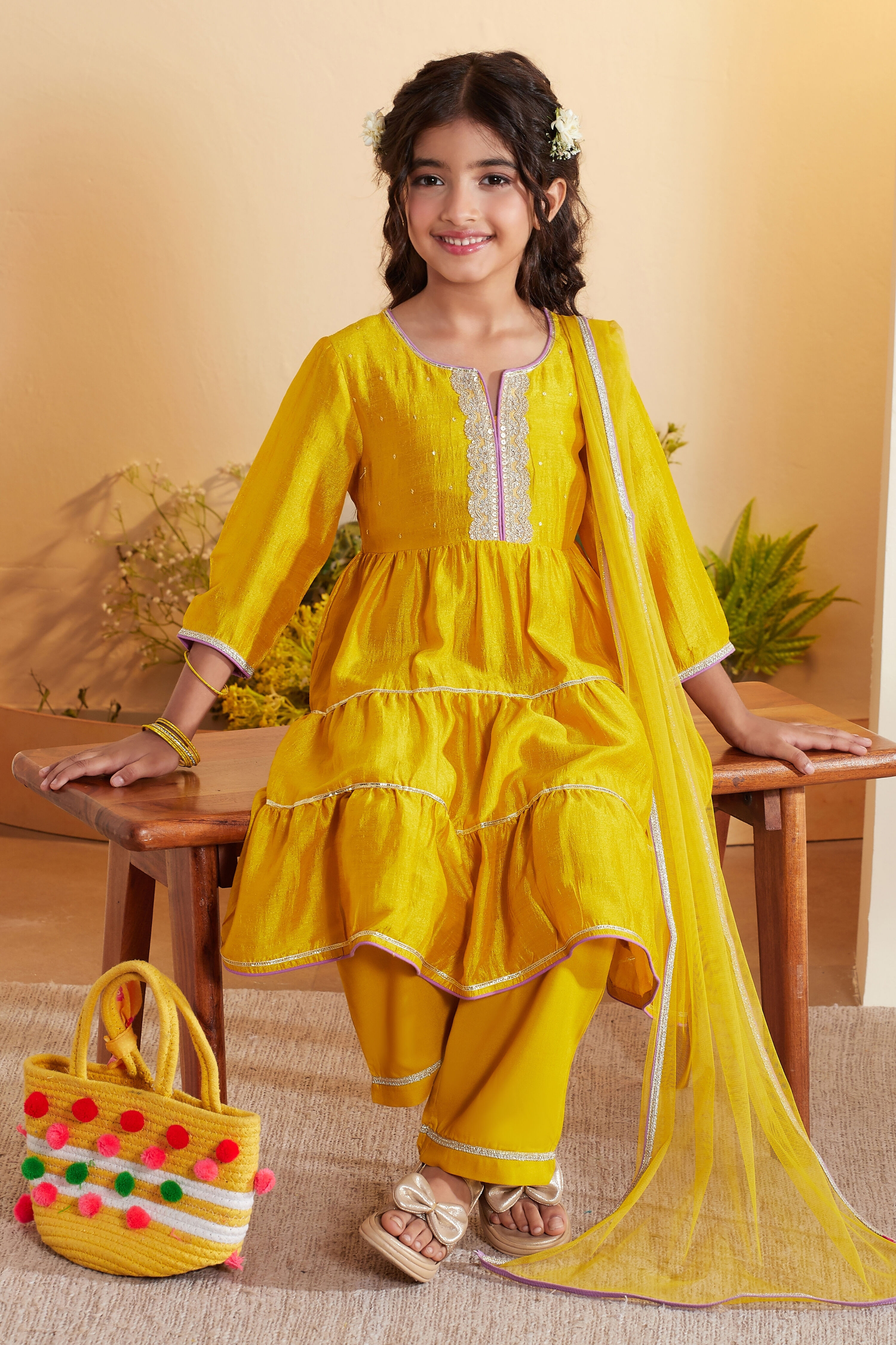 Yellow Viscose Silk Yoke Design Tiered Kurta Set image number 0