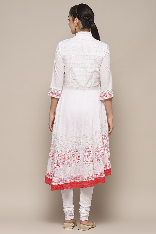 White Cotton Asymmetric Anarkali & Churidar Suit Set image number 5