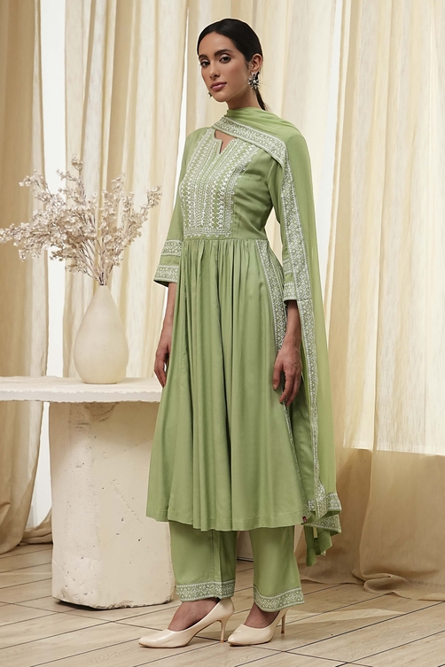 Olive Green Embroidered Gathered Suit Set image number 3