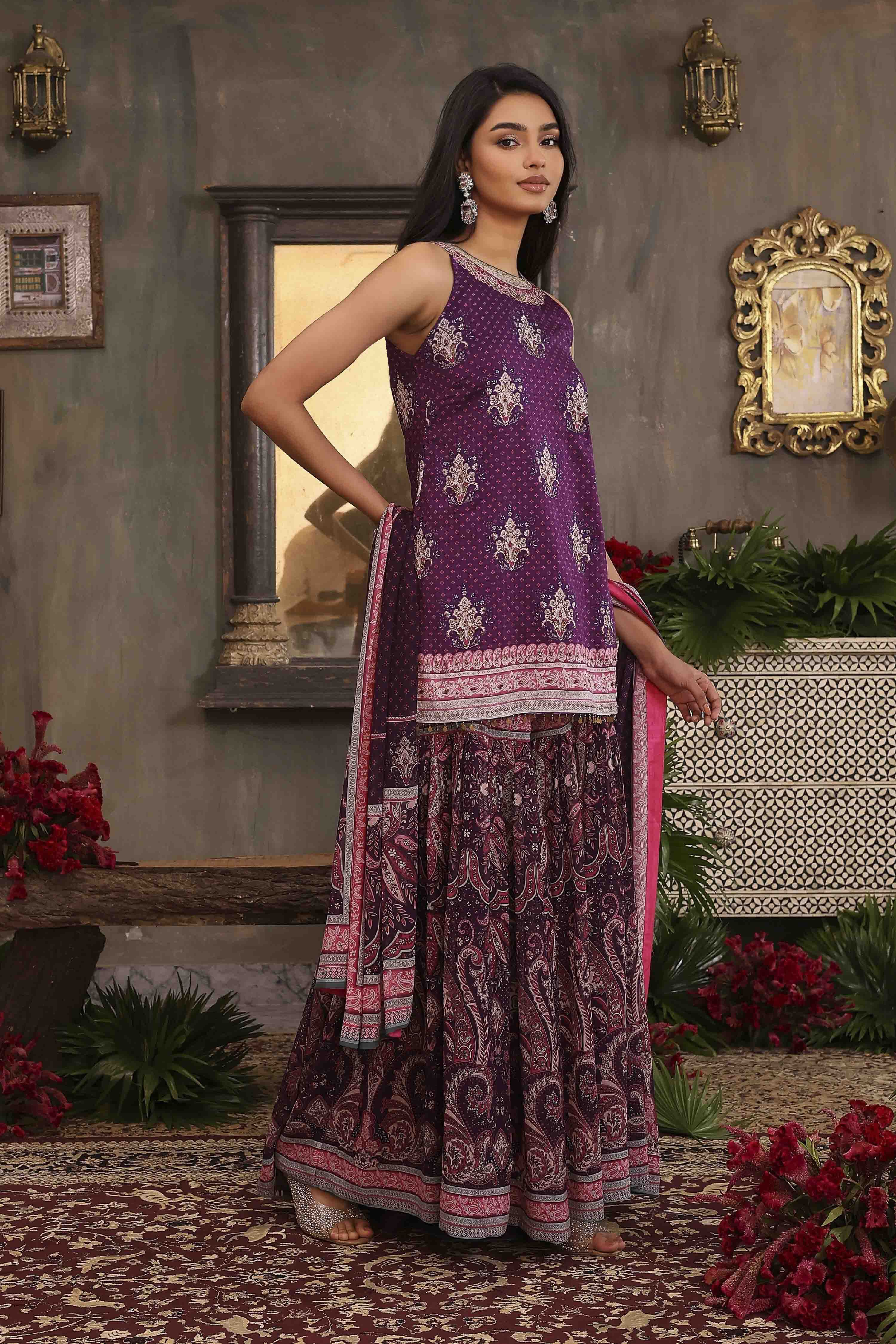 Purple Chanderi Digital Printed Garara Straight Suit Set image number 5