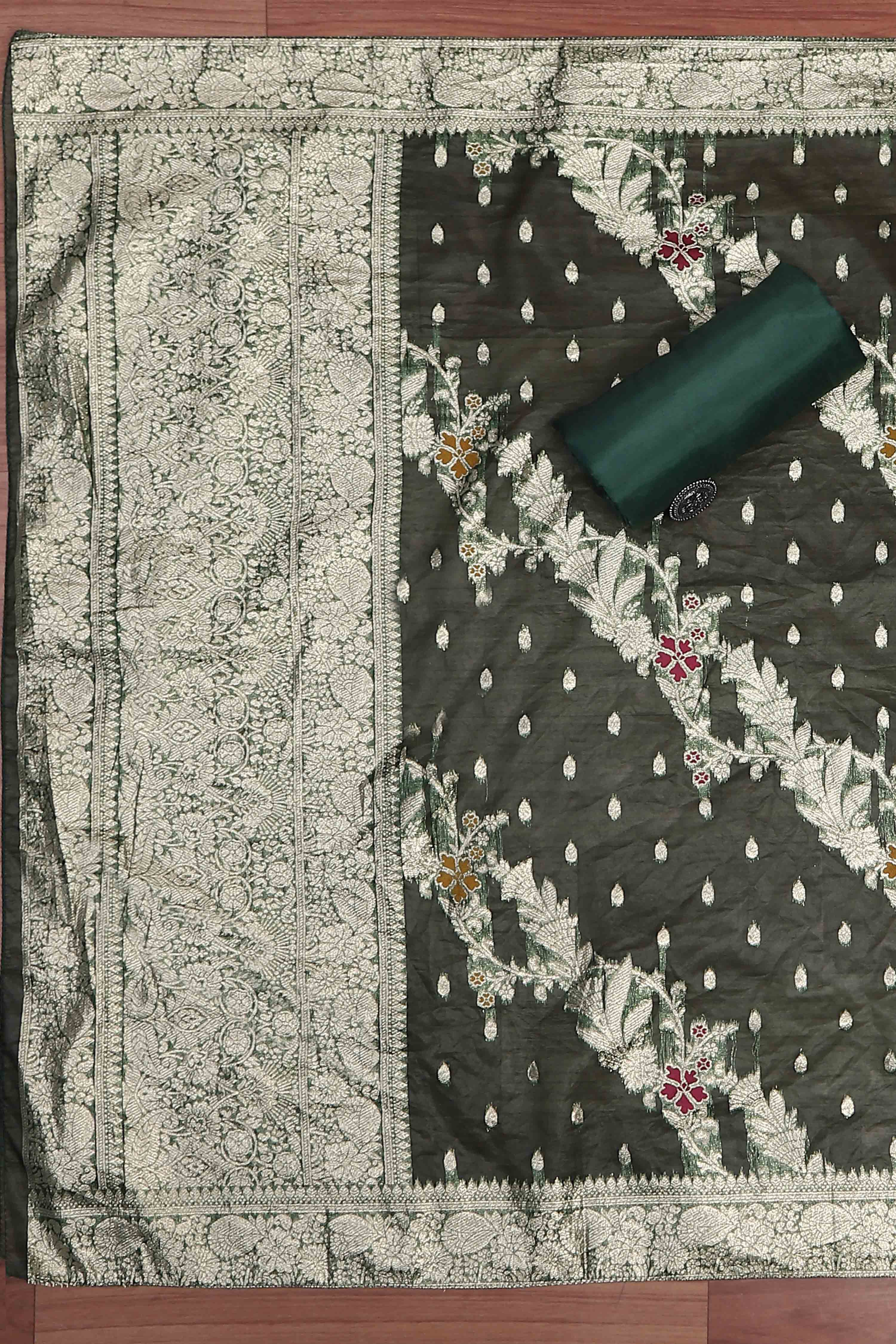 Botle Green Tissue Chanderi Embroidered Unstitched Suit Set image number 3