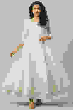 Off White Art Silk Anarkali Printed Dress image number 0