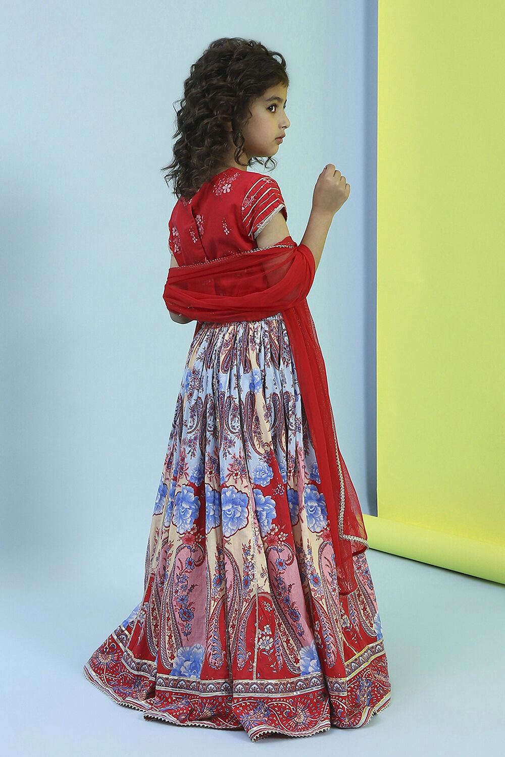 Red Cotton Printed Flared Lehenga Set image number 4