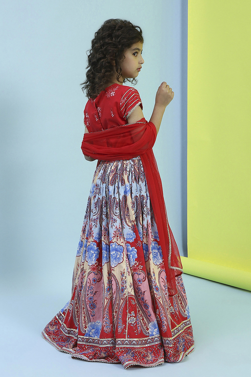 Red Cotton Printed Flared Lehenga Set image number 4