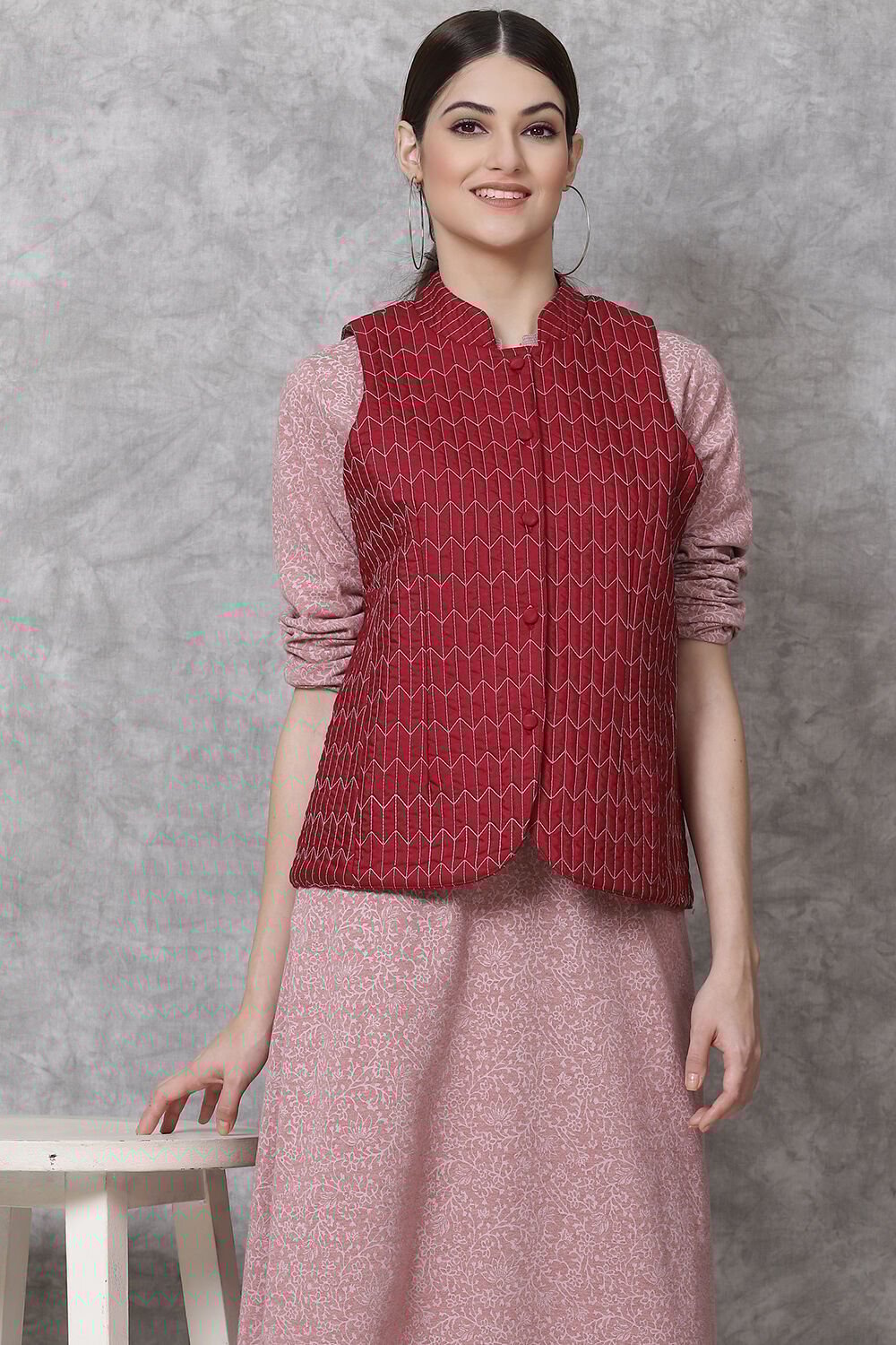 Wine Straight Art Silk Printed Jacket