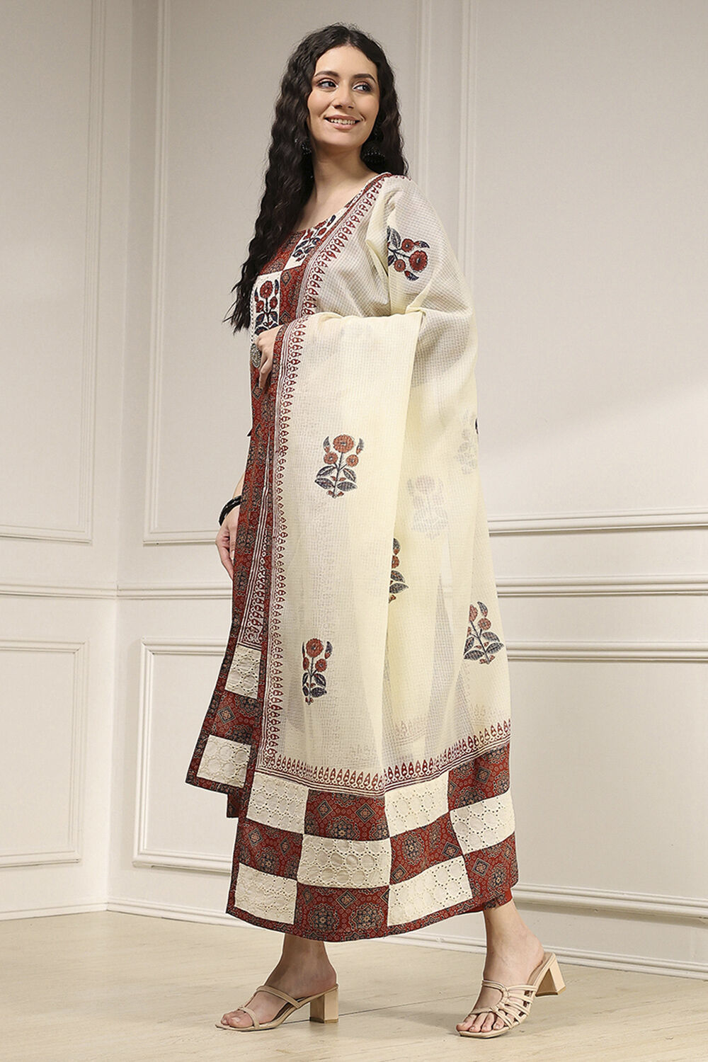 Maroon Cotton Hand Embroidered Unstitched Suit Set image number 4