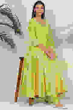 Lime Green Cotton Anarkali Kurta Churidar Suit Set image number 0
