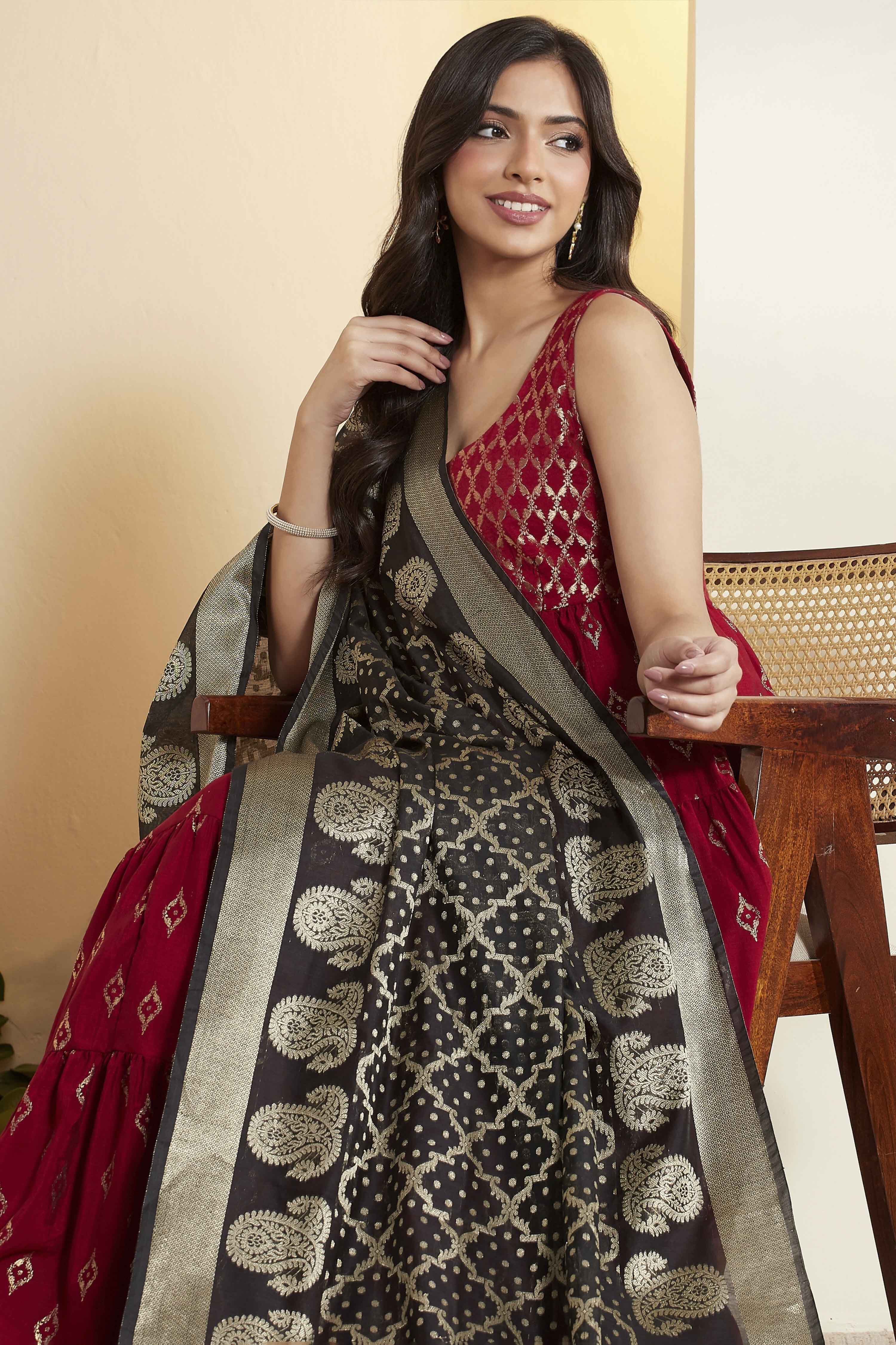 Black Poly Woven Design Dupatta image number 1