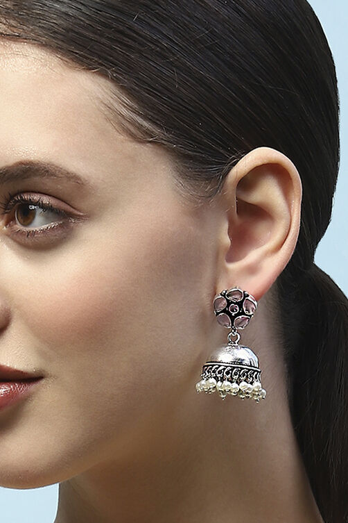 Light Pink Silver-Plated Stone Studded Floral Jhumkas image number 3