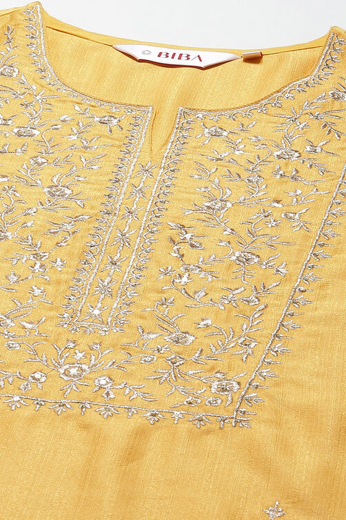 Mustard Art Silk Straight Kurta Slim Pant Suit Set image number 1