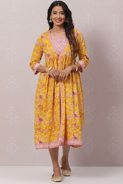 Mustard Cotton Flared Printed Kurta Dress With Shrug image number 0