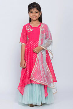 Pink Art Silk Asymmetric Kurta Churidar Suit Set image number 0