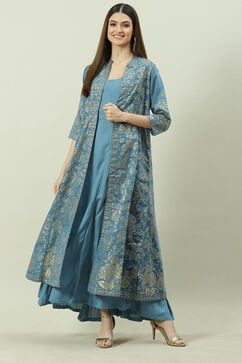 Blue Art Silk with Cape Printed Dress image number 0
