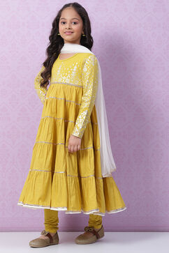 Lime Yellow Cotton Anarkali Kurta Churidar Suit Set image number 3