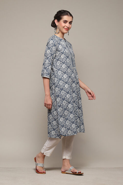 Blue Cotton Straight Printed Kurta image number 3