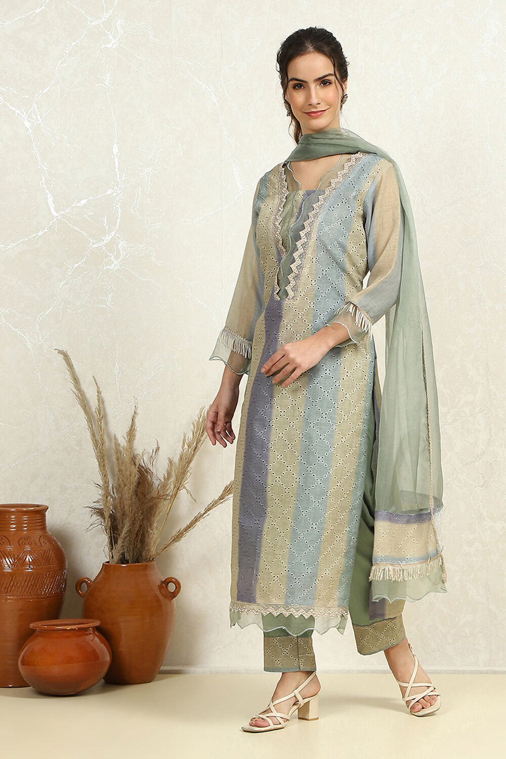 Green Cotton Blend Schiffli Unstitched Suit Set image number 5