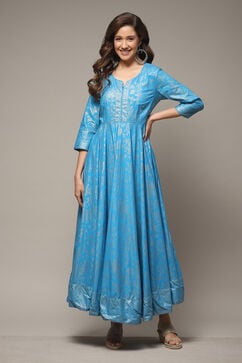 Turquoise Cotton Straight Printed Dress image number 1