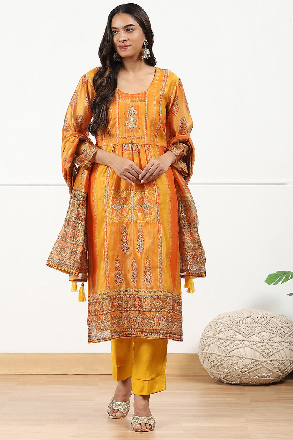 Mustard Yellow Chanderi Printed Unstitched Suit Set image number 1