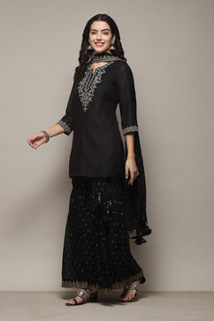 Black Poly Cotton Straight Kurta Garara Suit Set image number 4