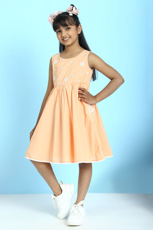 Orange Cotton Flared Embroidered Dress image number 3