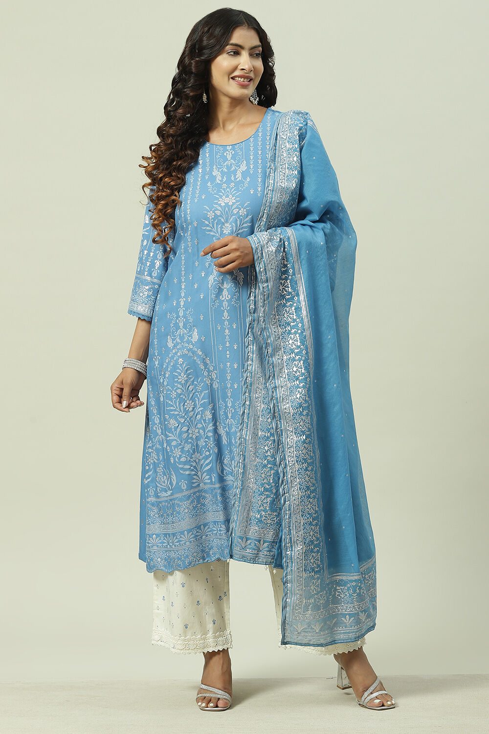 Blue LIVA Straight Kurta Palazzo Suit Set image number 5