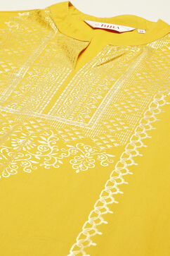 Mustard Printed Cotton Straight Kurta Palazzo Suit Set image number 1
