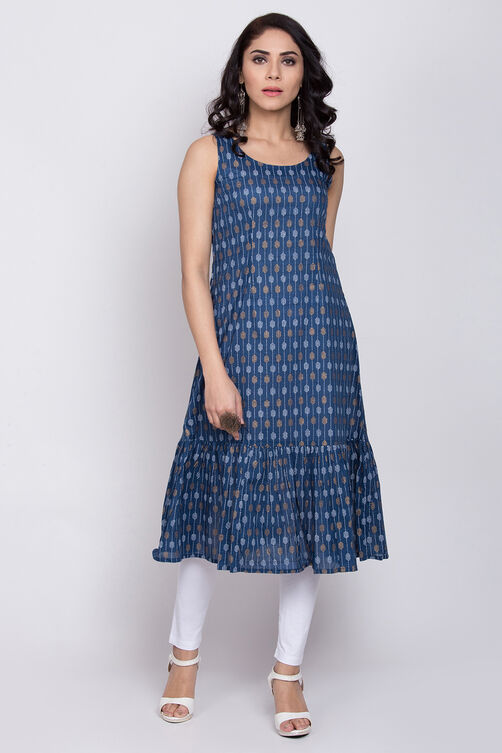 White And Indigo Cotton Front Open Printed Kurta image number 3