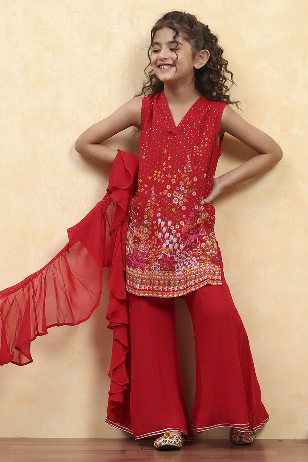 Red Viscose Rayon Printed Straight Sharara Suit Set image number 0