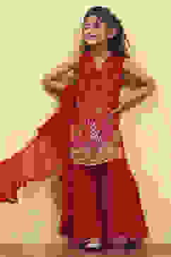 Red Viscose Rayon Printed Straight Sharara Suit Set image number 0