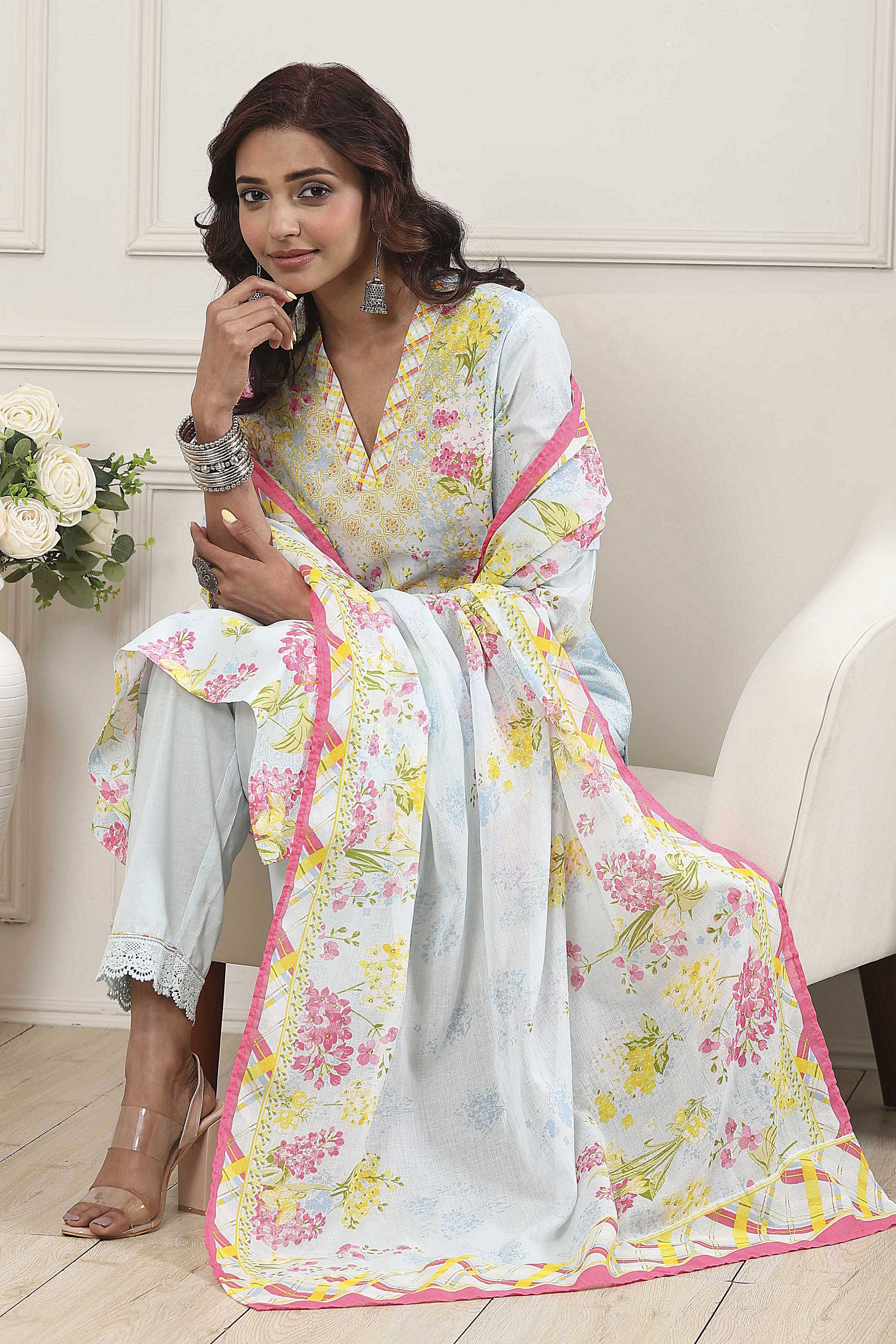 Powder Blue Cotton Printed Straight Suit Set image number 0